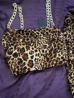 Leopard Print Chain Strap top and matching midi skirt- Brown Black Cream
